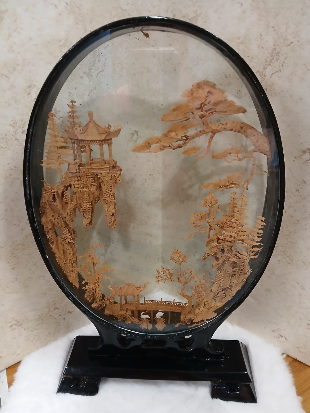 VTG Asian Handcrafted Carved Cork Art Diorama Black Lacquered Casing